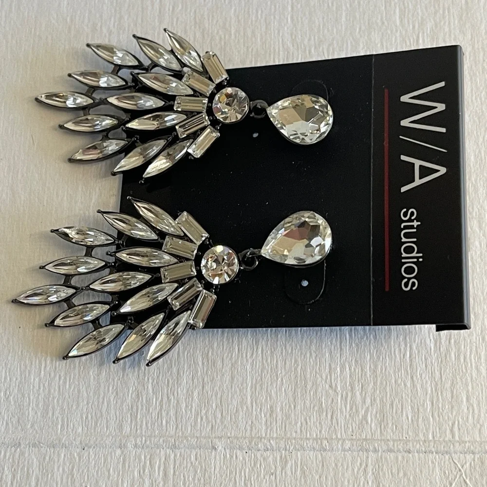NWT WA Studios Crystal Silver Statement Earrings - Picture 4 of 6